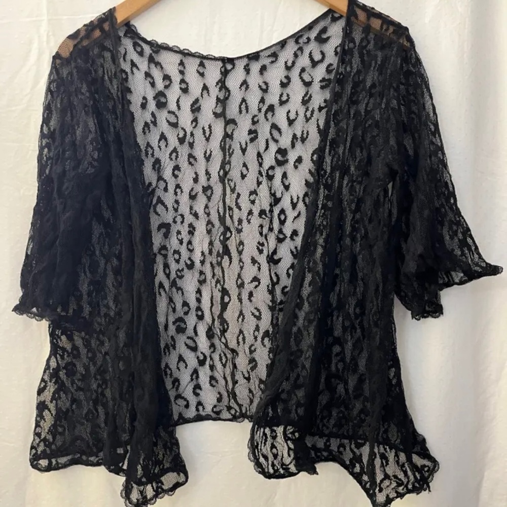 Allure Lingerie Black Leopard Lace Open Front Kimono Cardigan Shrug One Size